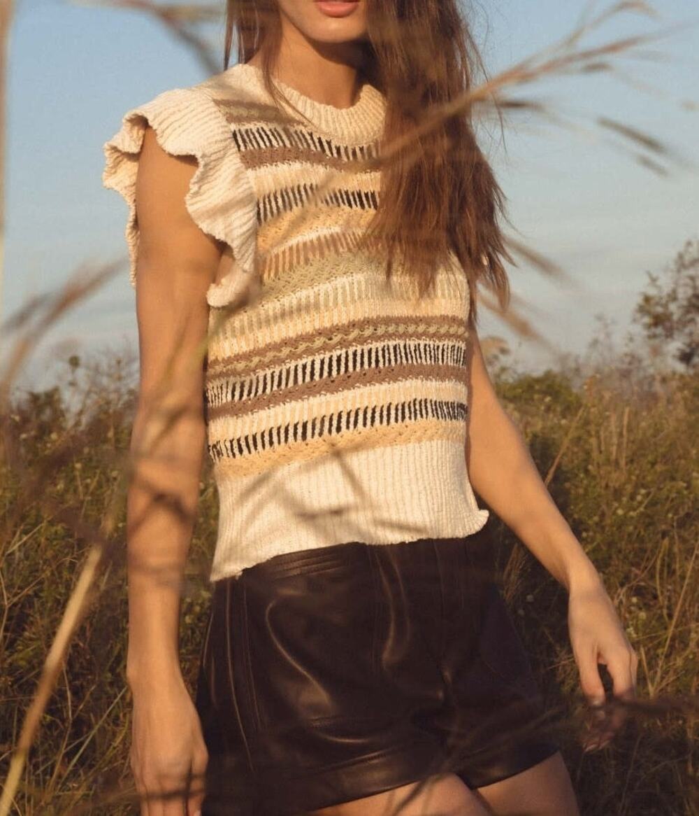 Elan Flutter Short Cap Sleeve Cotton Blend Knit Striped Pullover Sweater